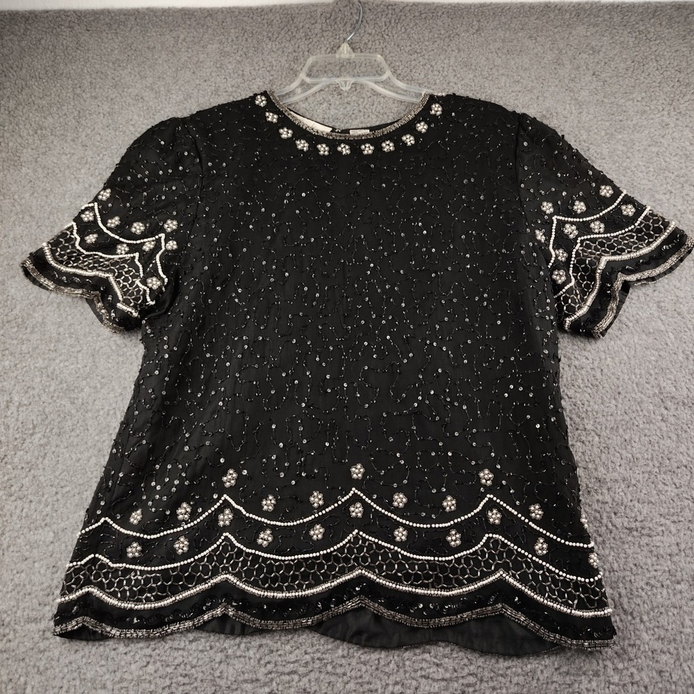 Laurence Kazar Top Womens XL Black Silk Beaded Sequin Scalloped Evening EUC